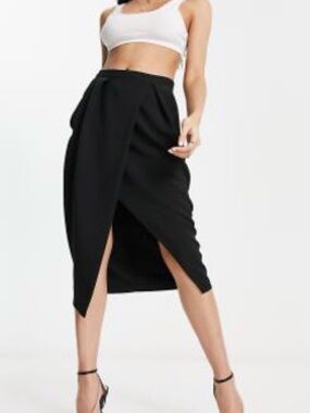 Closet London Black Wrap-Front Midi Skirt